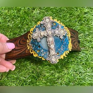 Western Tooled Leather Cuff Bracelet Rhinestone Cross Turquoise Boho Adjustable